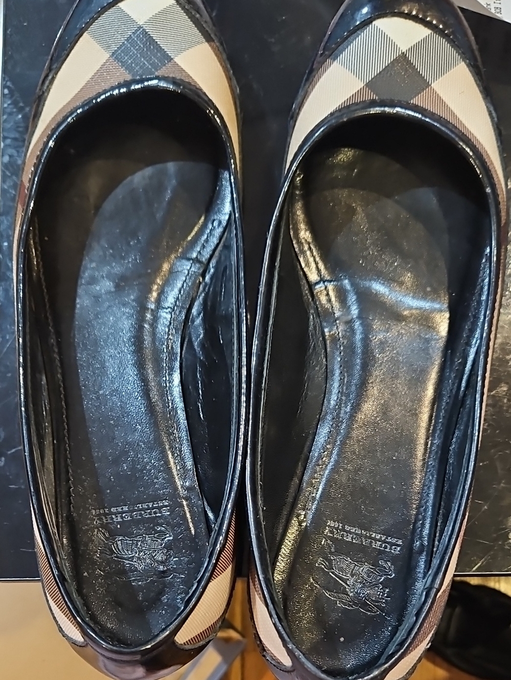 Burberry Beige Plaid and Black Leather Trim Ballet Flats